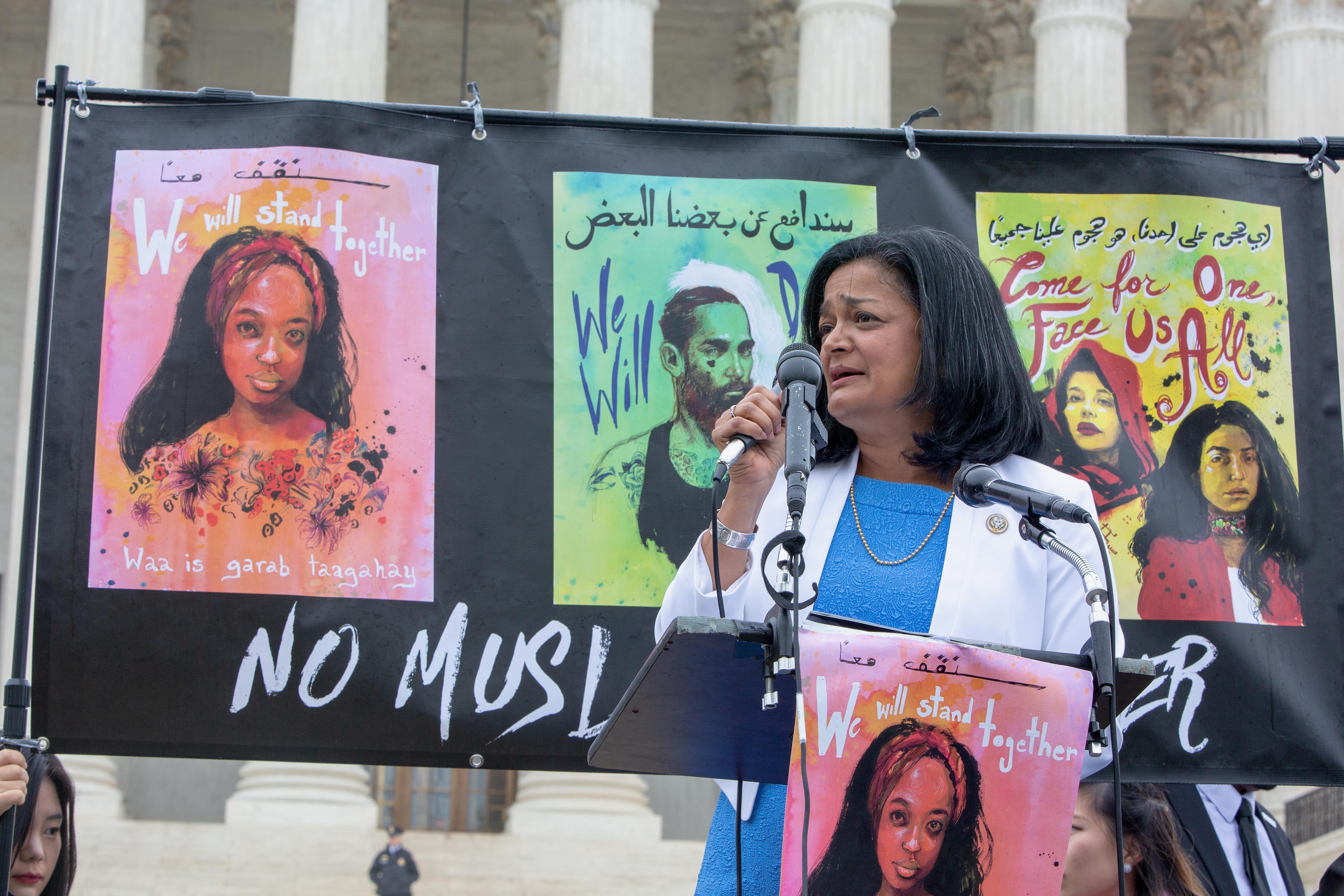 Rep. Pramila Jayapal speaks outside outside the Supreme Court for the No Muslim Ban Ever protest on April 25, 2018 in Washington, D.C.