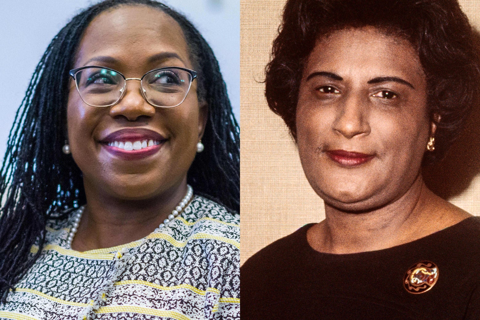 A diptych of close-up photos of the two judges Ketanji Brown Jackson and Constance Baker Motley.