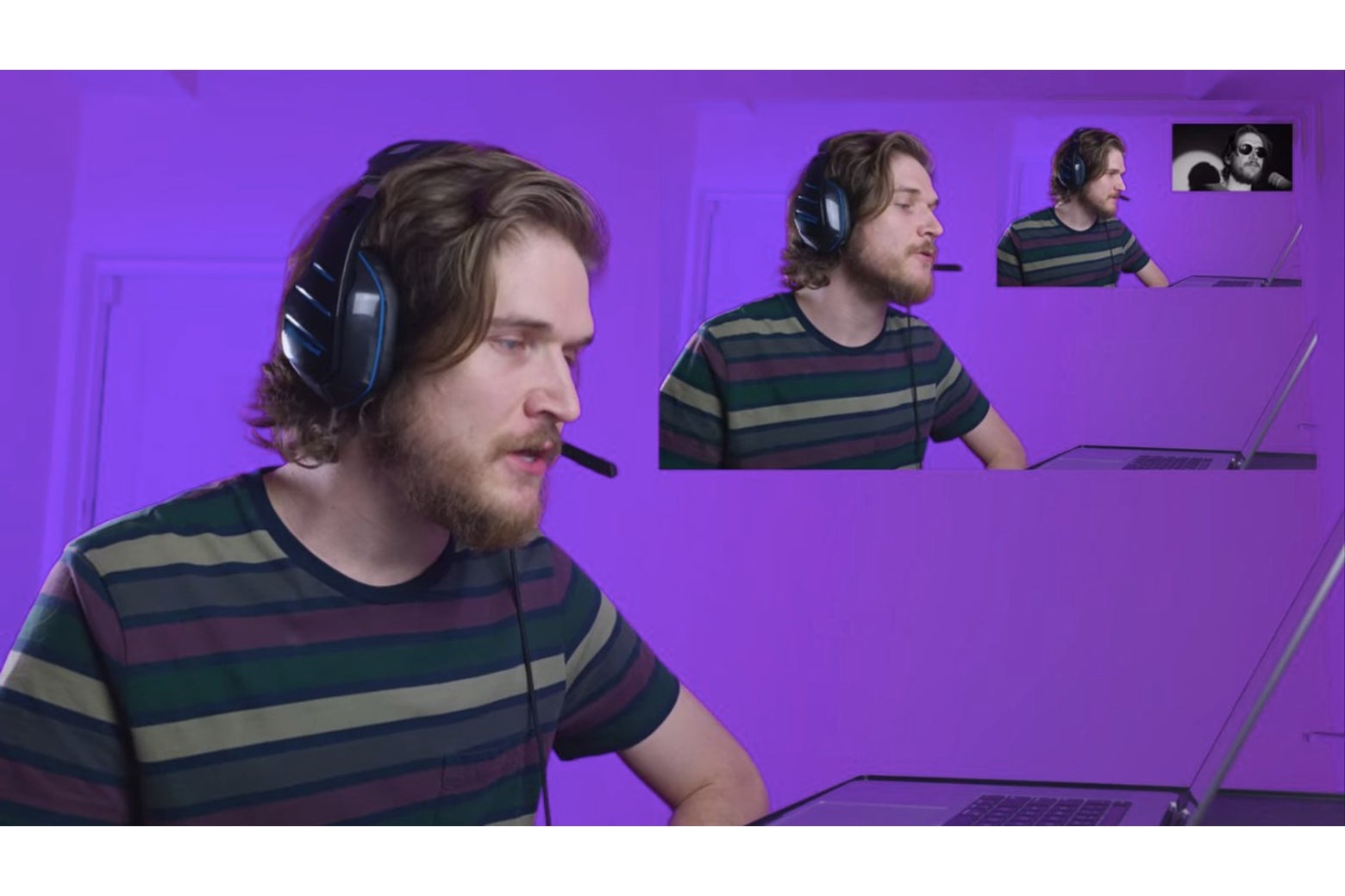 A recursive shot showing Bo Burnham reacting to a video of Bo Burnham reacting to a video of Bo Burnham reacting to a video of Bo Burnham singing a song.