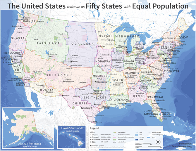 A map of the united states redrawn to create 50 states with equal populations. Including state names like Pocono, Adirondack and Ogallala http://fakeisthenewreal.org/reform/