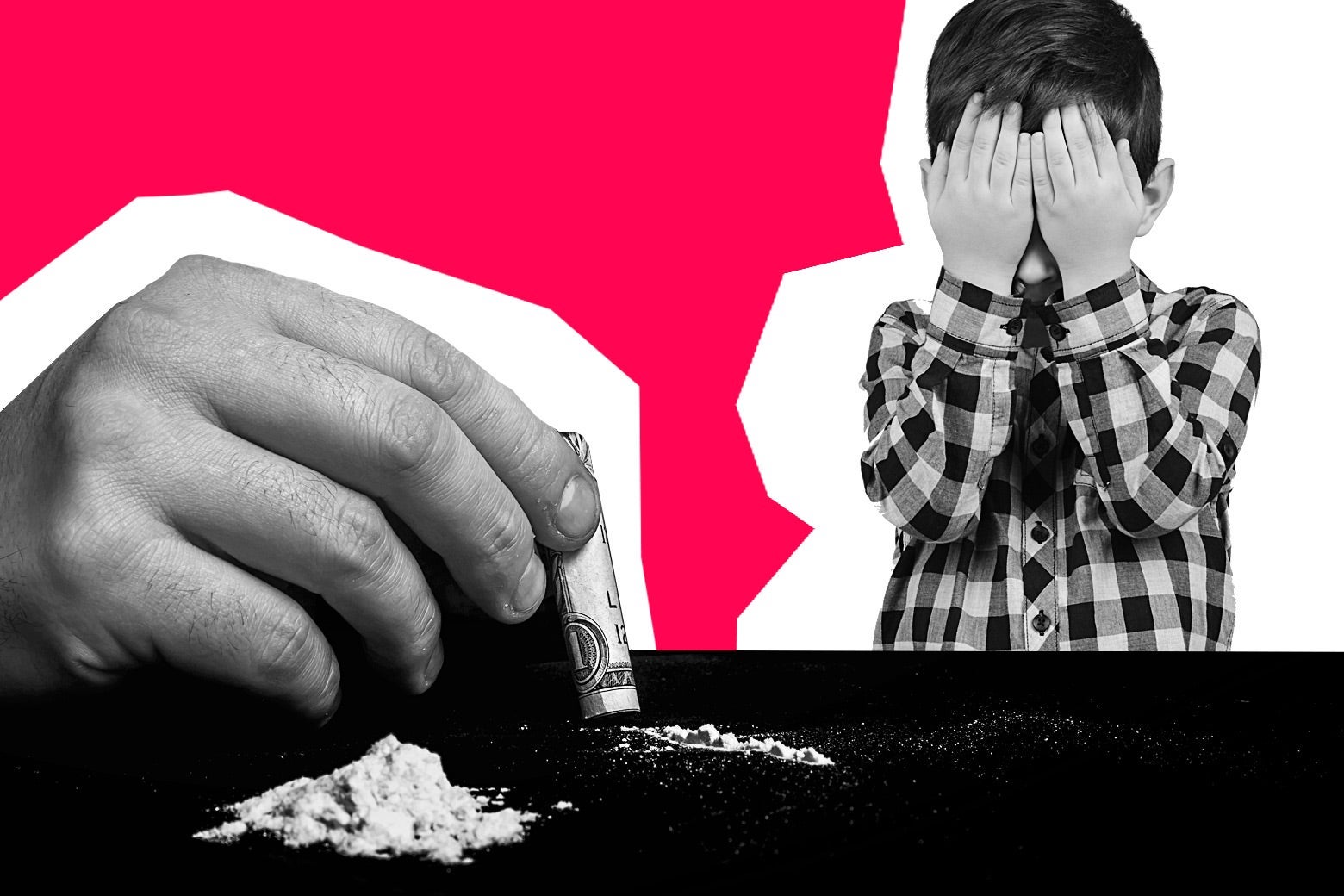 
A hand holding a rolled up bill preparing to snort ketamine and a young boy covering his face.