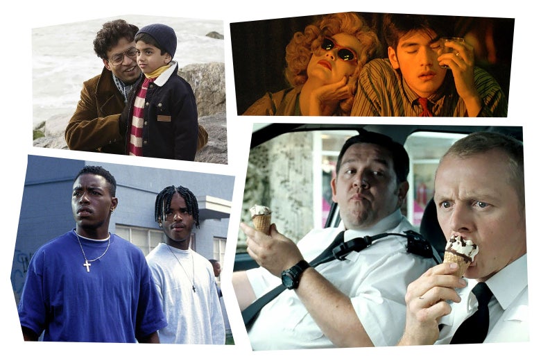 Top left: a still of an older man bending down to talk to a young boy from The Namesake, top right: a still of a woman with a blond wig and sunglasses on leaning with her head in her hands on the shoulder of a young man holding a drink to his head in a bar, in bottom right: a still of a two police officers in uniform sitting in a car, the one in the background looking at the one in the foreground as they both eat ice cream from Hot Fuzz, and bottom left: a still of two black men looking off camera from Menace II Society. 