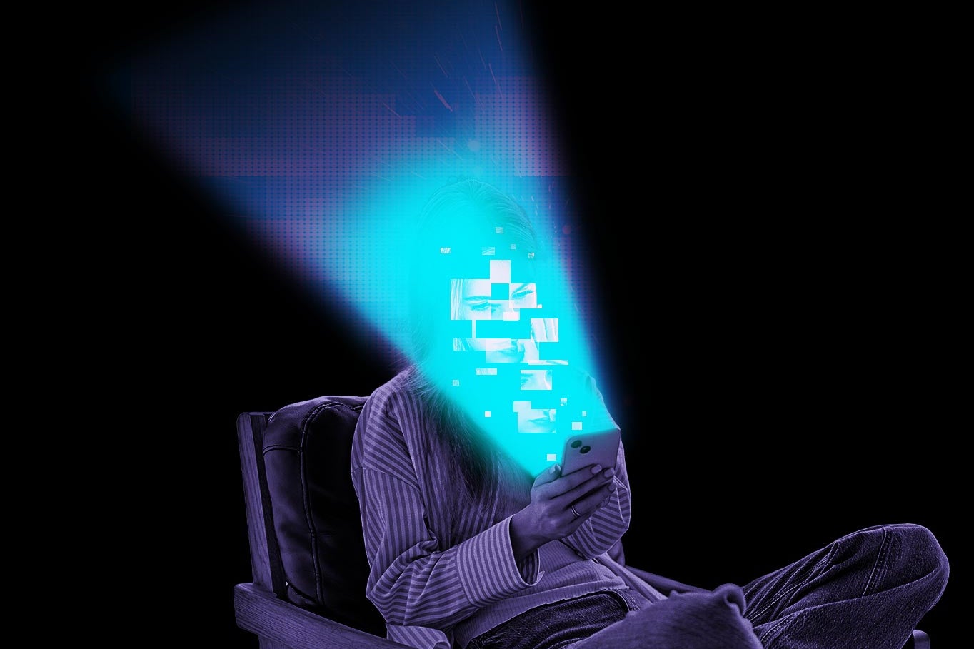 A seated person looking into a phone is being shattered and sucked into the light coming out of the phone.