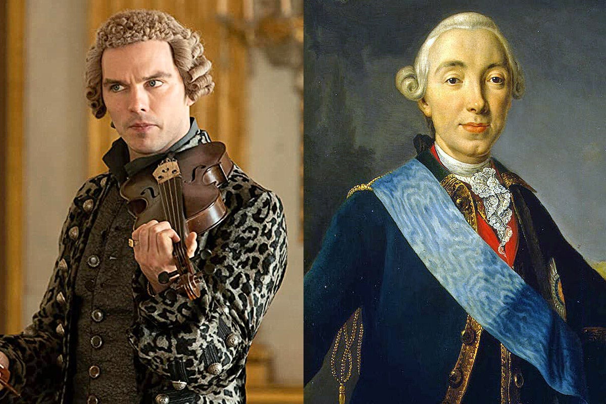 Nicholas Hoult as Peter III, side by side with a portrait of Peter III.