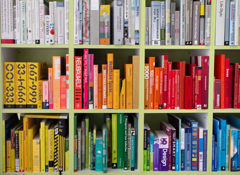 rainbow colored bookshelf