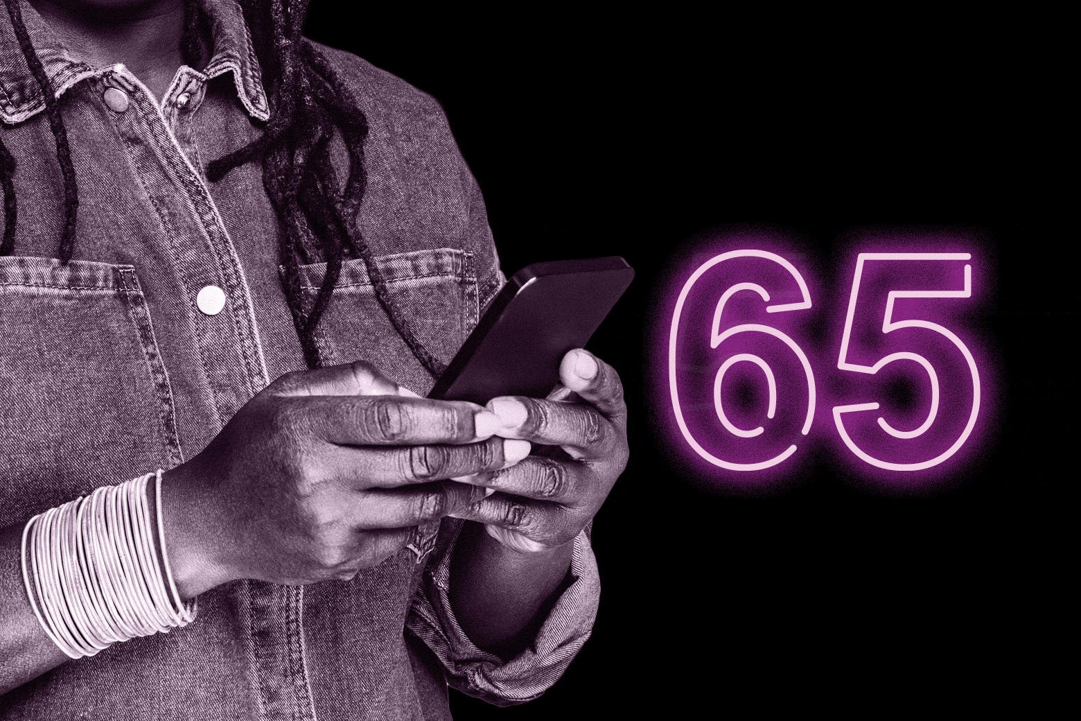 A woman holds a phone next to an alternating 65/55 neon sign.