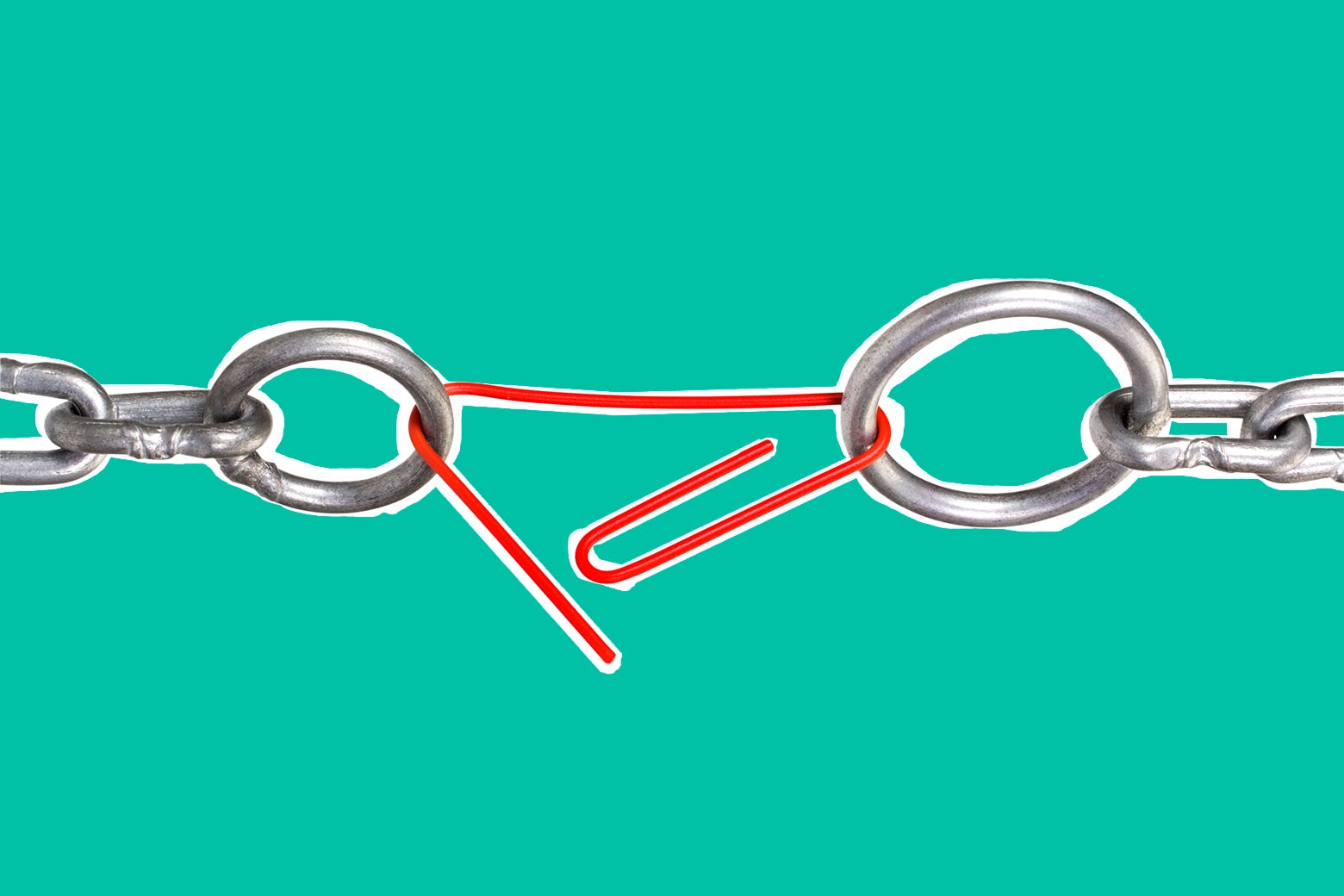 Photo illustration: two chains held together by a warped paperclip.