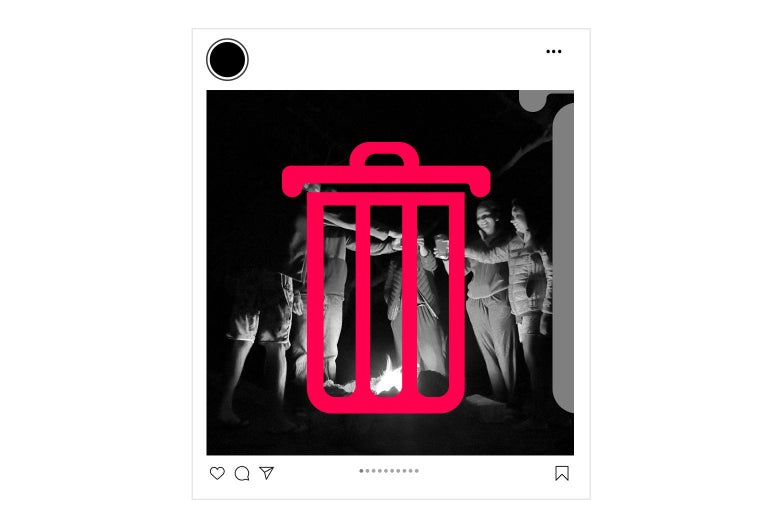 An Instagram photo of people around a bonfire, with a graphic of a trashcan over it.
