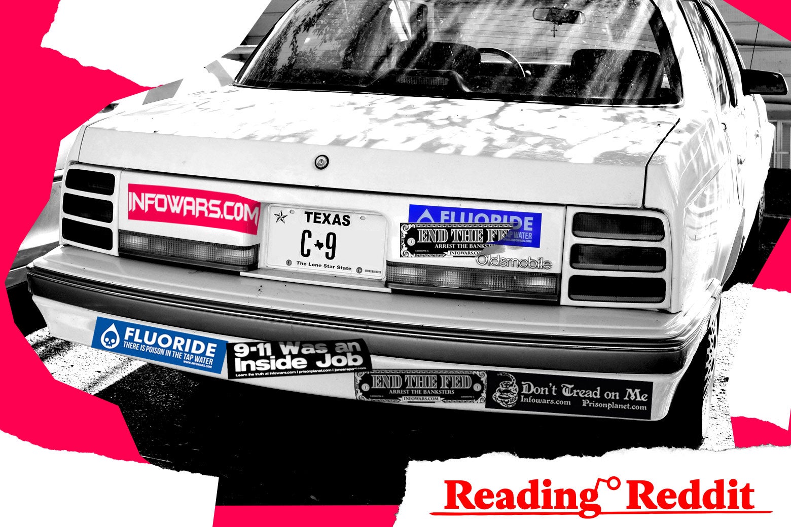 A pro-Infowars car with multiple bumper stickers, including one that says "9/11 was an inside job" and an anti-fluoride sticker ("Fluoride: There is poison in the tap water"), along with the "Reading Reddit" logo superimposed.