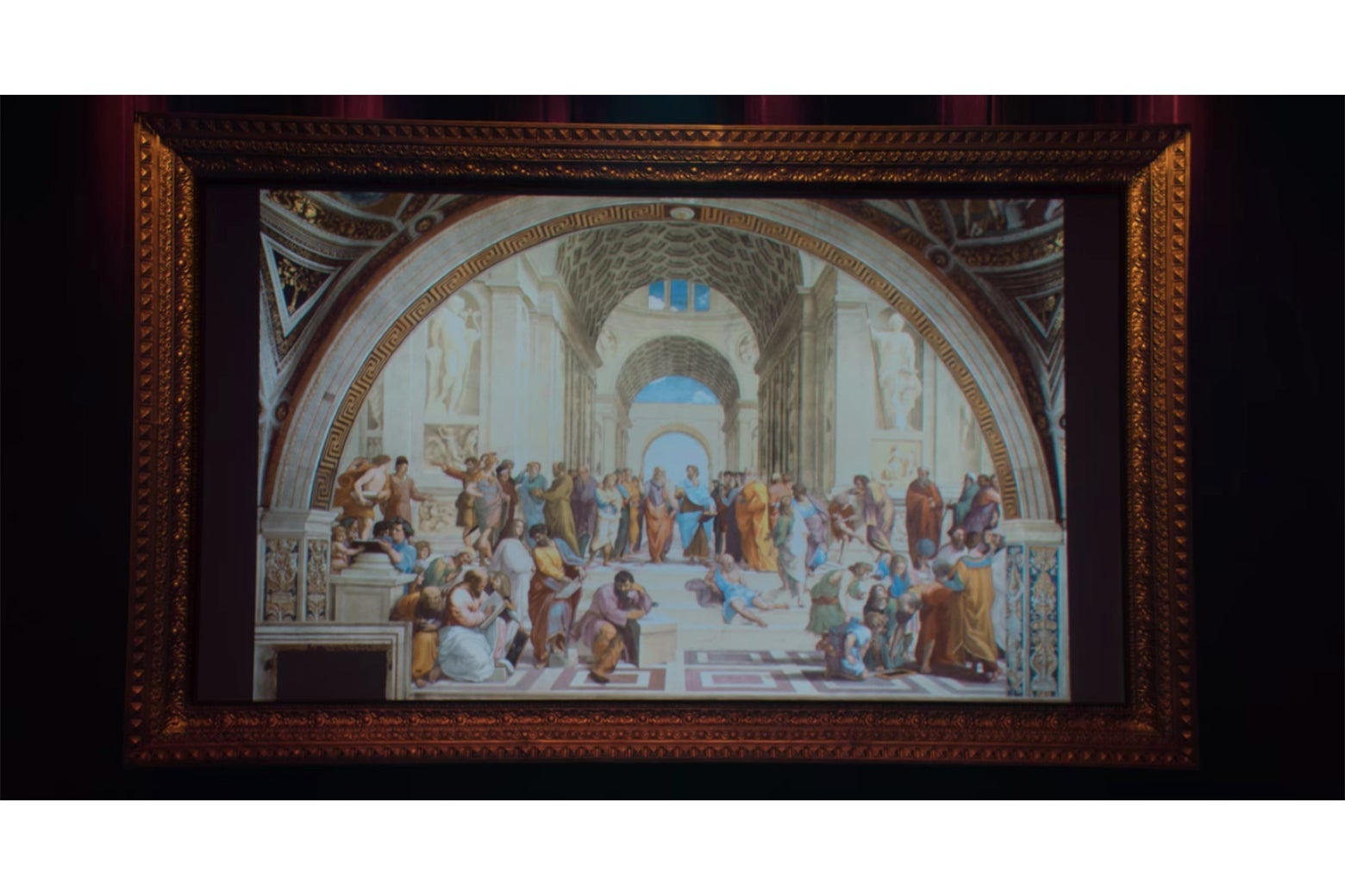 A close-up of Hannah Gadsby's projection screen from Douglas, showing Raphael's The School of Athens.