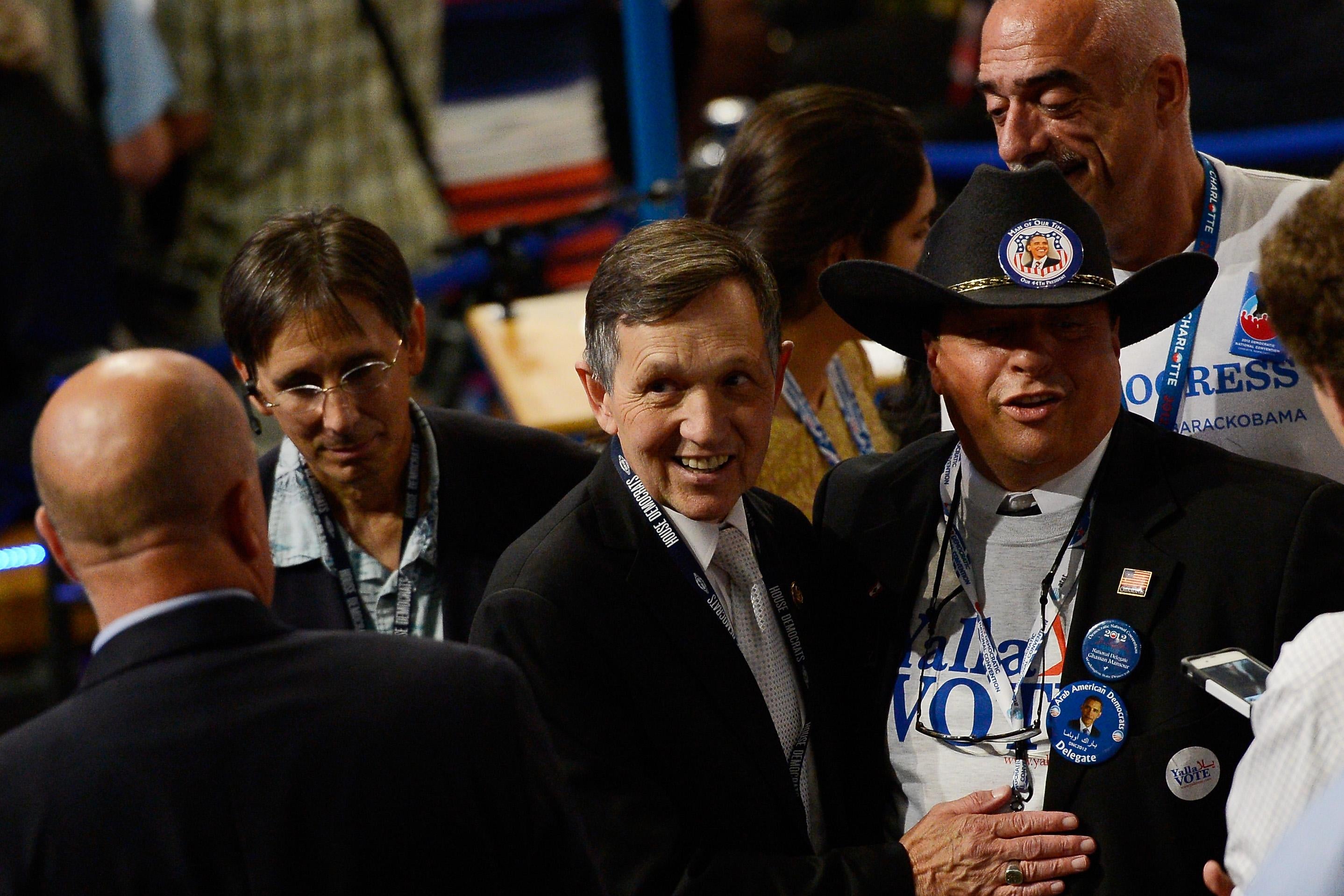 CHARLOTTE, NC - SEPTEMBER 05:  U.S. Rep. Dennis Kucinich (D-OH) meets with with Gus Mansour (R)during day two of the Democratic National Convention at Time Warner Cable Arena on September 5, 2012 in Charlotte, North Carolina. The DNC that will run through September 7, will nominate U.S. President Barack Obama as the Democratic presidential candidate.  (Photo by Kevork Djansezian/Getty Images)