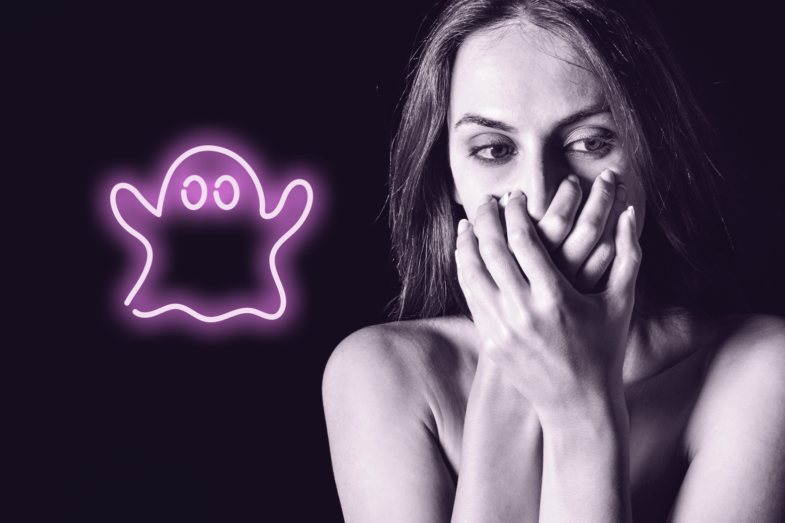 Woman with hands over her mouth next to a neon ghost outline