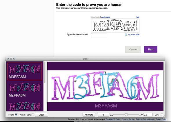 This screenshot shows Vicarious's software parsing a CAPTCHA used by Yahoo to differentiate humans from bots.
