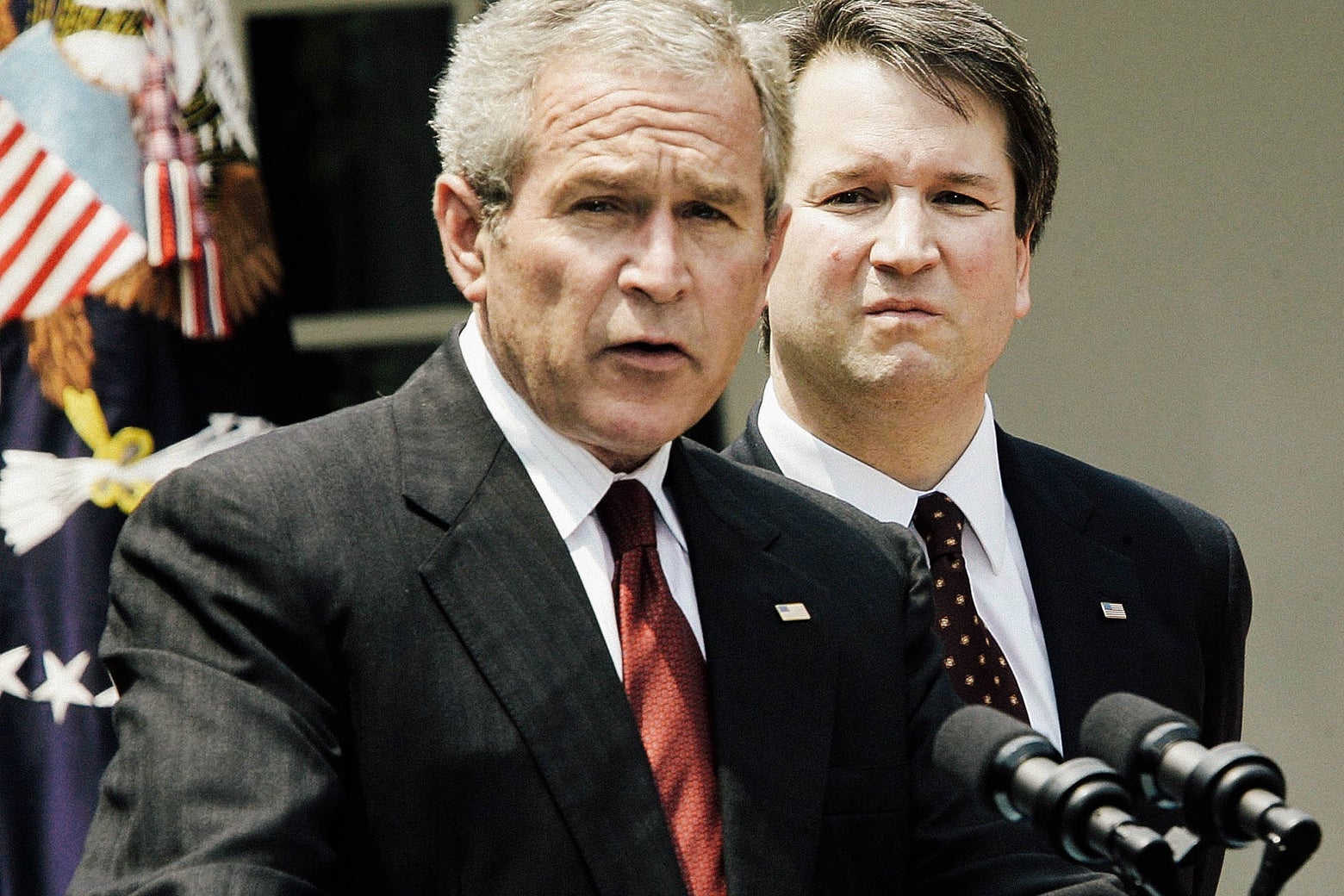 President George W. Bush speaks during the swearing-in ceremony for Brett Kavanaugh to be a judge to the U.S. Circuit Court of Appeals for the District of Columbia on June 1, 2006.
