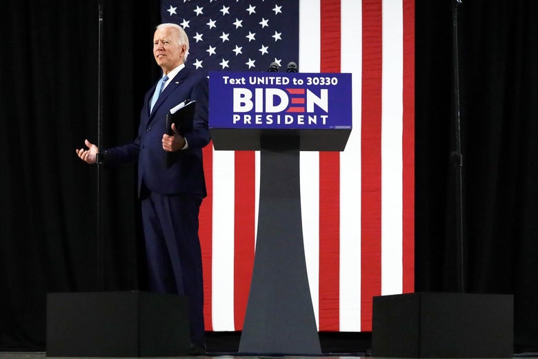 Former Vice President Joe Biden speaks during a June 30, 2020 campaign event at Alexis I. Dupont High School in Wilmington, Delaware.