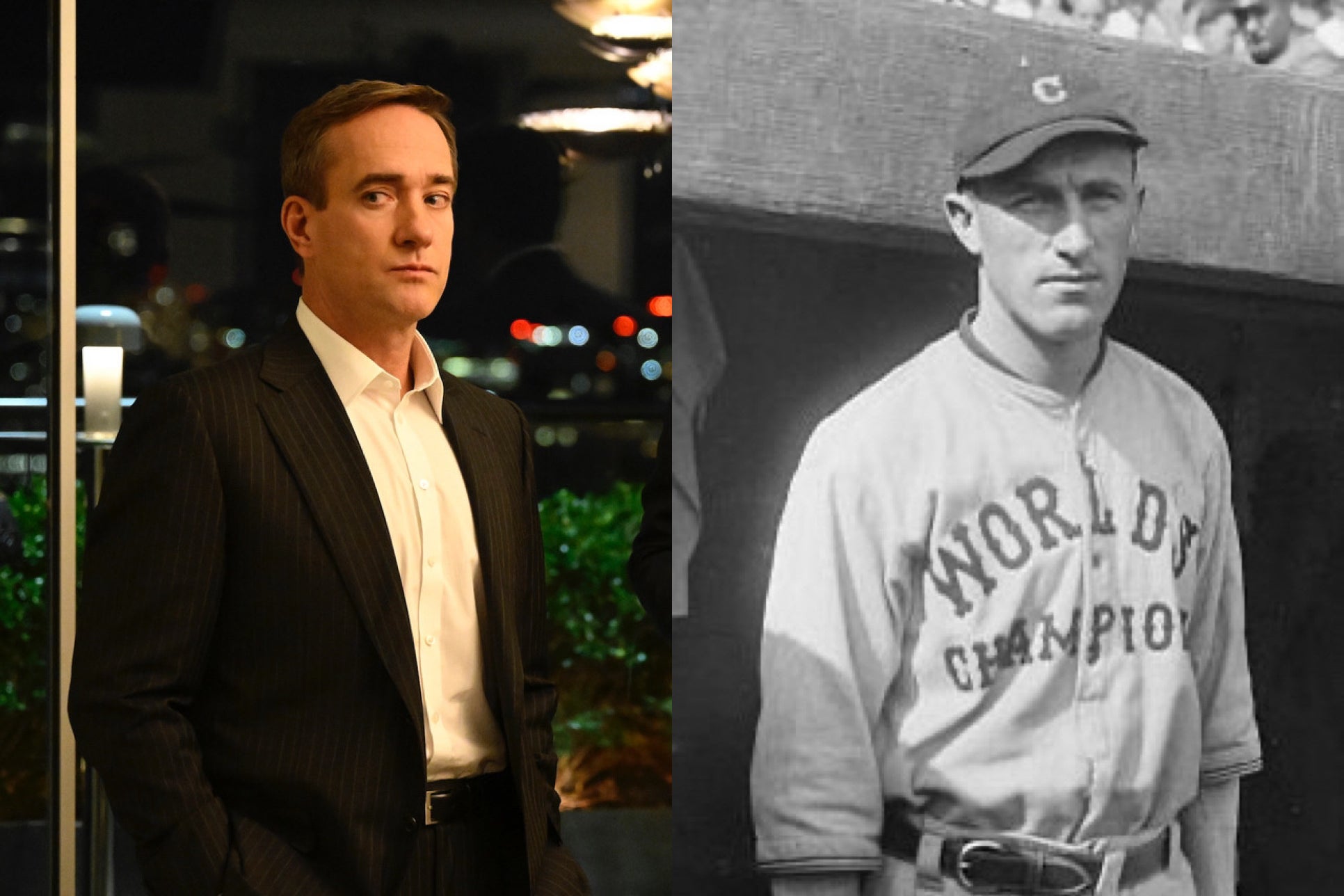 On the left, a man in a suit with his top button unbuttoned, looking shifty-eyed. On the right, a black-and-white photo of a 1910s/1920s baseball player, with a jersey reading "Worlds Champion."
