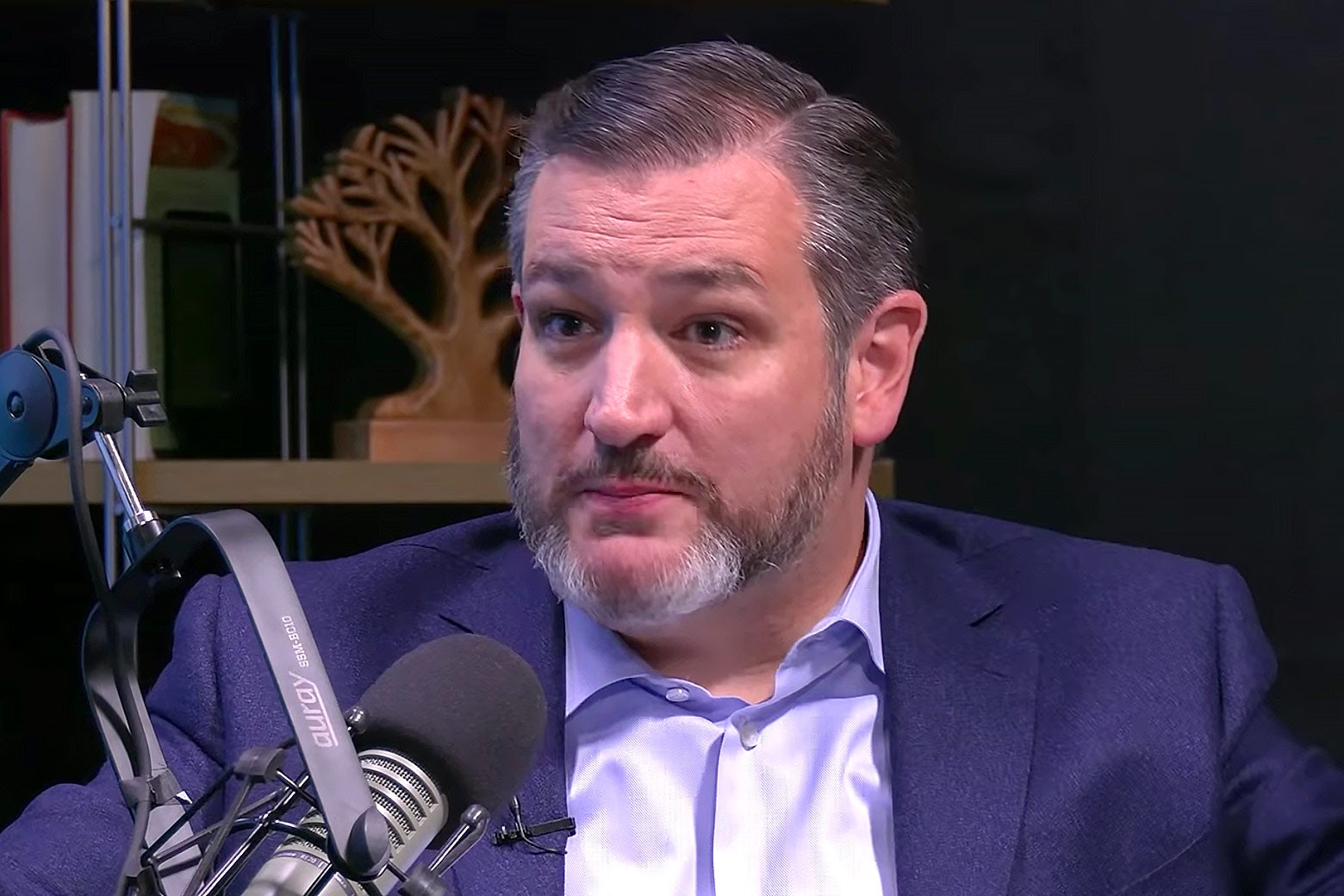 A still from YouTube of Ted Cruz speaking into a large podcast microphone.
