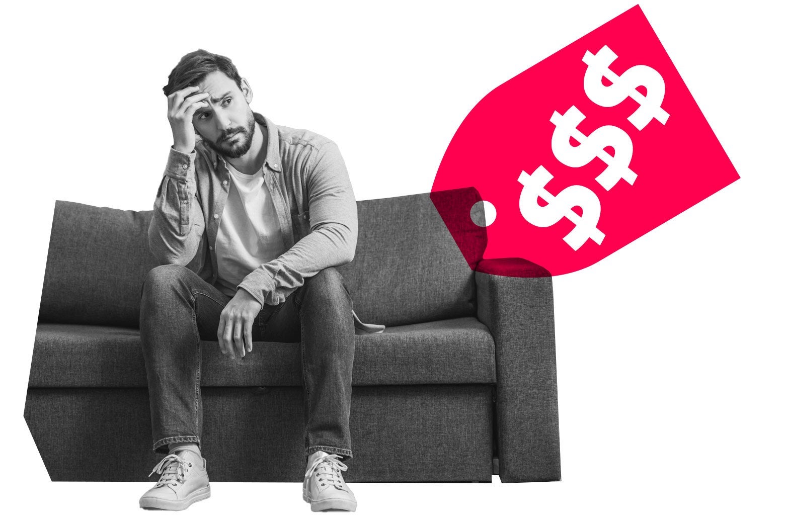 Man touching his forehead looking concerned as he sits on a couch with a graphic of a price tag hovering over it