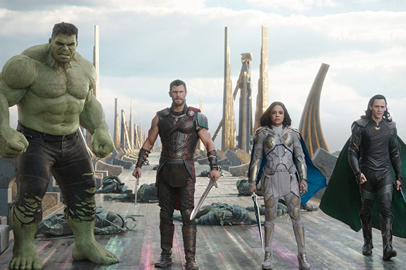 Mark Ruffalo, Chris Hemsworth, Tessa Thompson, and Tom Hiddleston in Thor: Ragnarok.