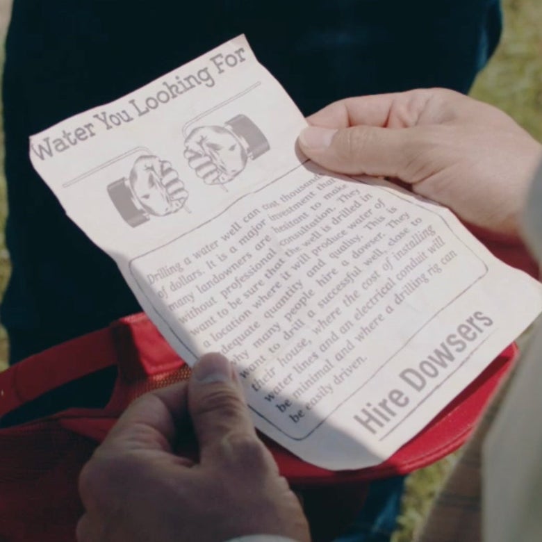 A still from Minari, with a flier reading "Water You Looking For."