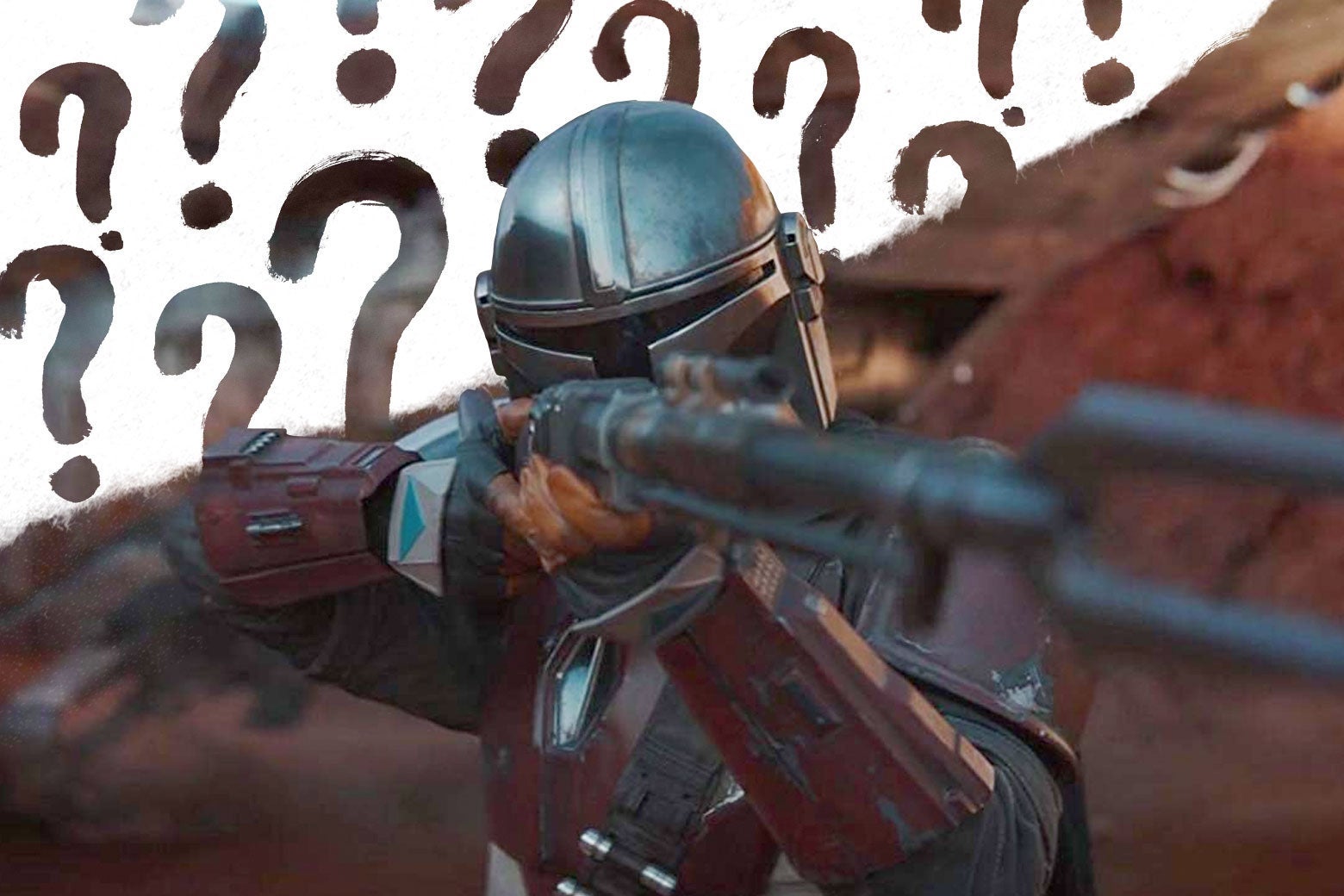 The Mandalorian aims a two-pronged rifle.