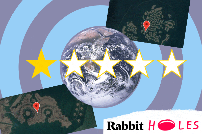 Photo illustration of Earth, islands, and a one-star rating.
