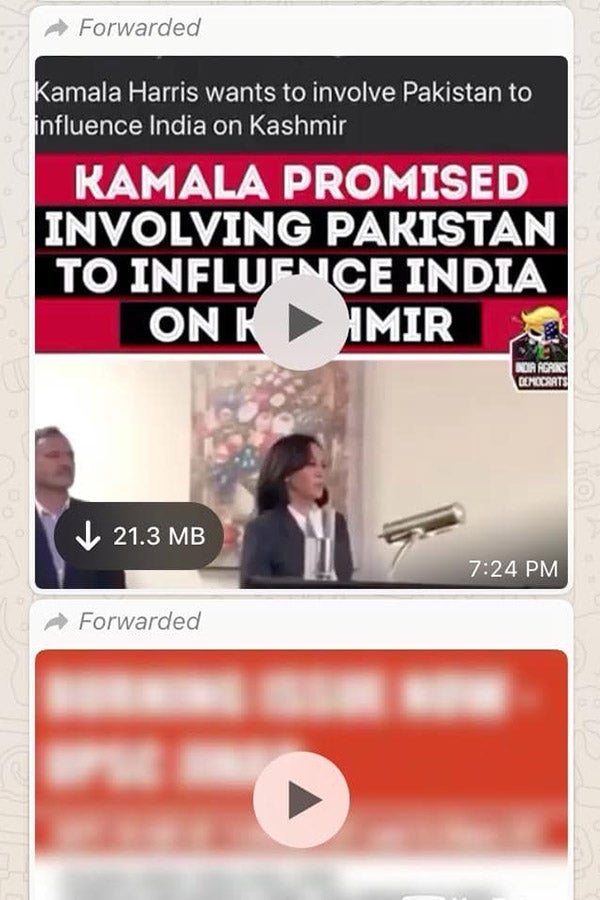 A screenshot of a WhatsApp chat containing a video of Kamala Harris