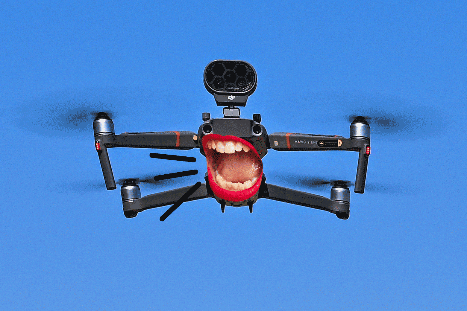 An open red mouth toggles side to side in front of a drone in the sky.