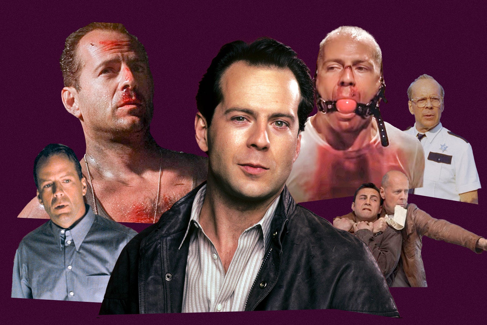 Bruce Willis in Moonlighting, Sixth Sense, Die Hard, Pulp Fiction, Moonrise Kingdom, and Looper.