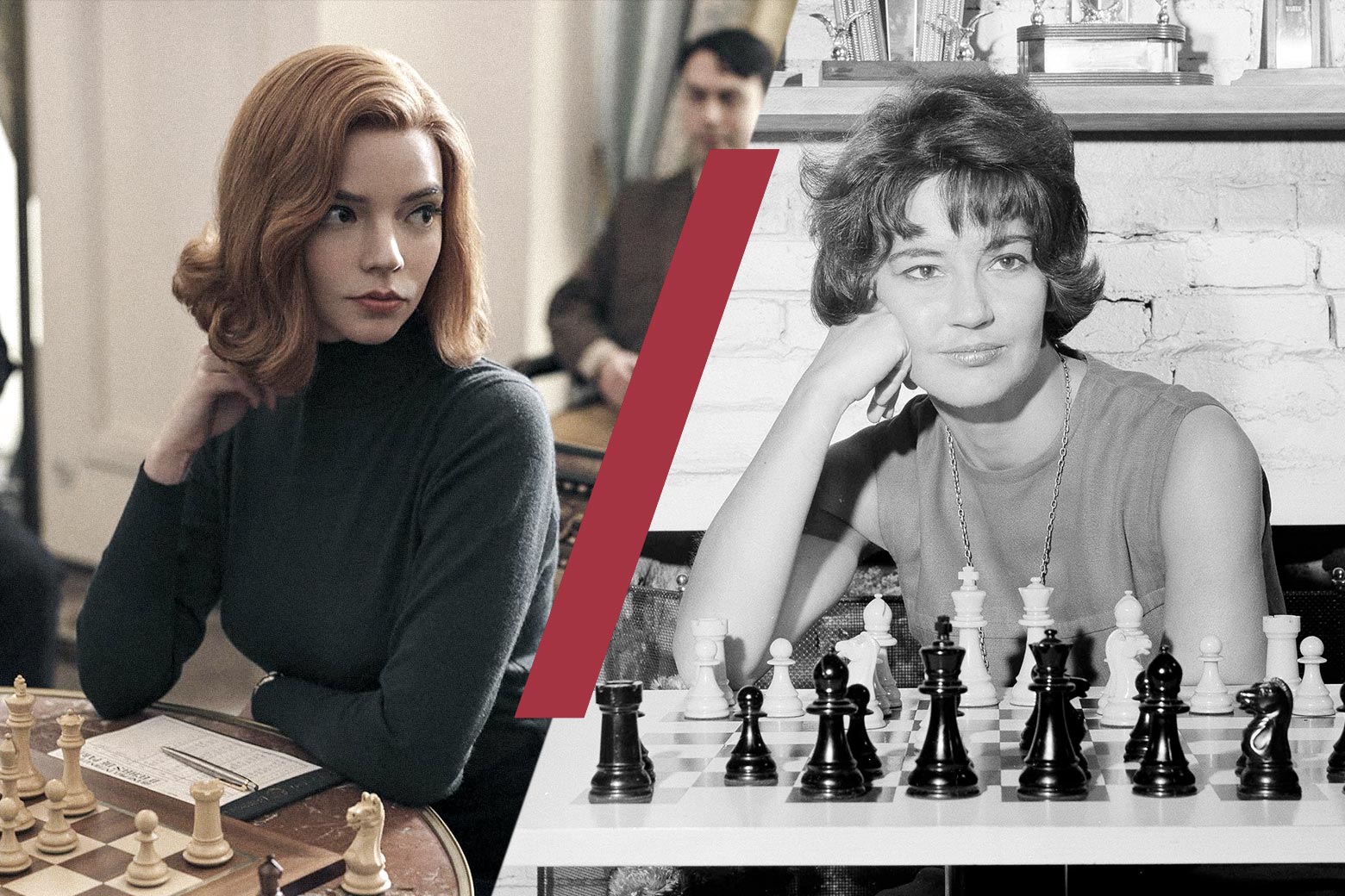 A side-by-side of Beth Harmon, from Netflix's The Queen's Gambit, and real-life chess champion Lisa Lane.
