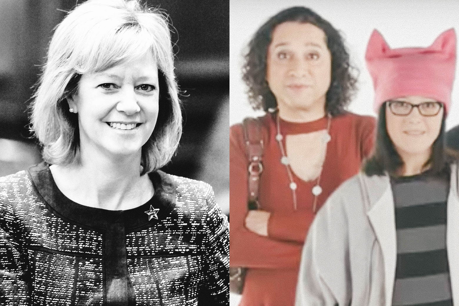 A split image with Rep. Jeanne Ives on the left and actors in her campaign ad on the right.