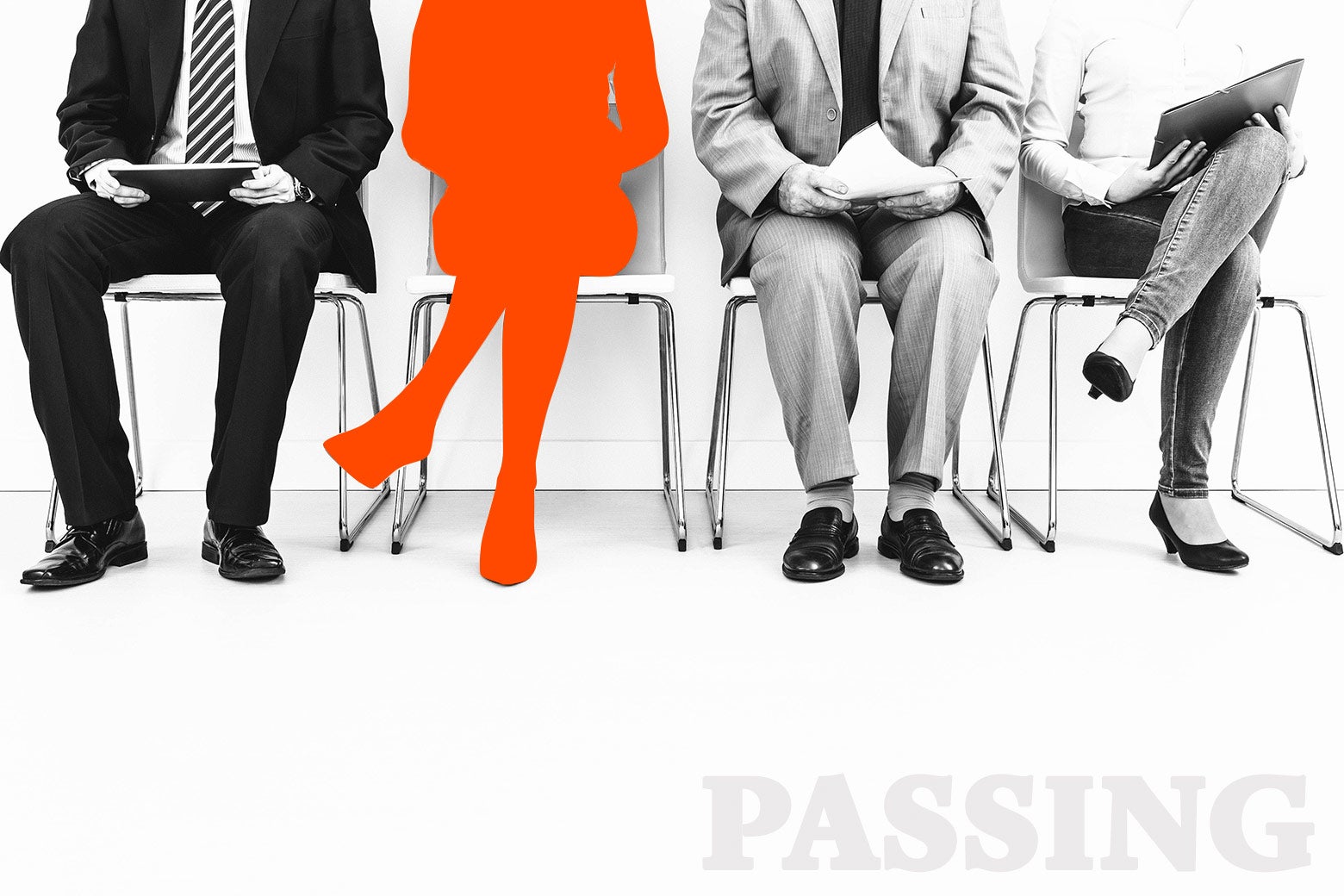 People waiting for a job interview, with one woman silhouetted out in orange.