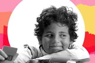 Photo illustration of a smug young boy holding playing cards in his hand.