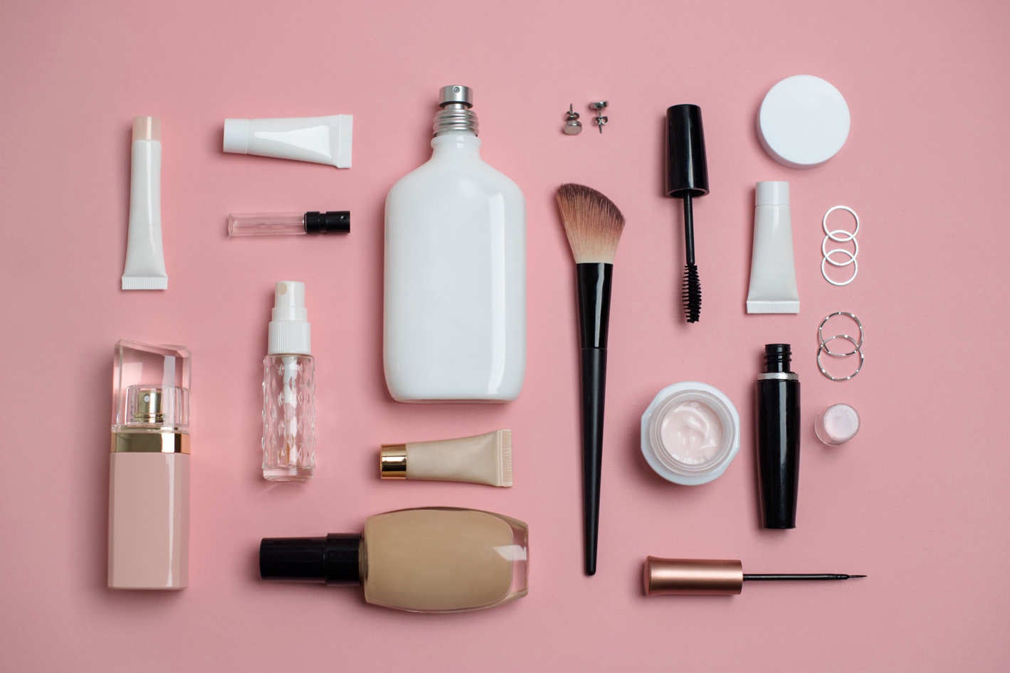 Various beauty products laid out.