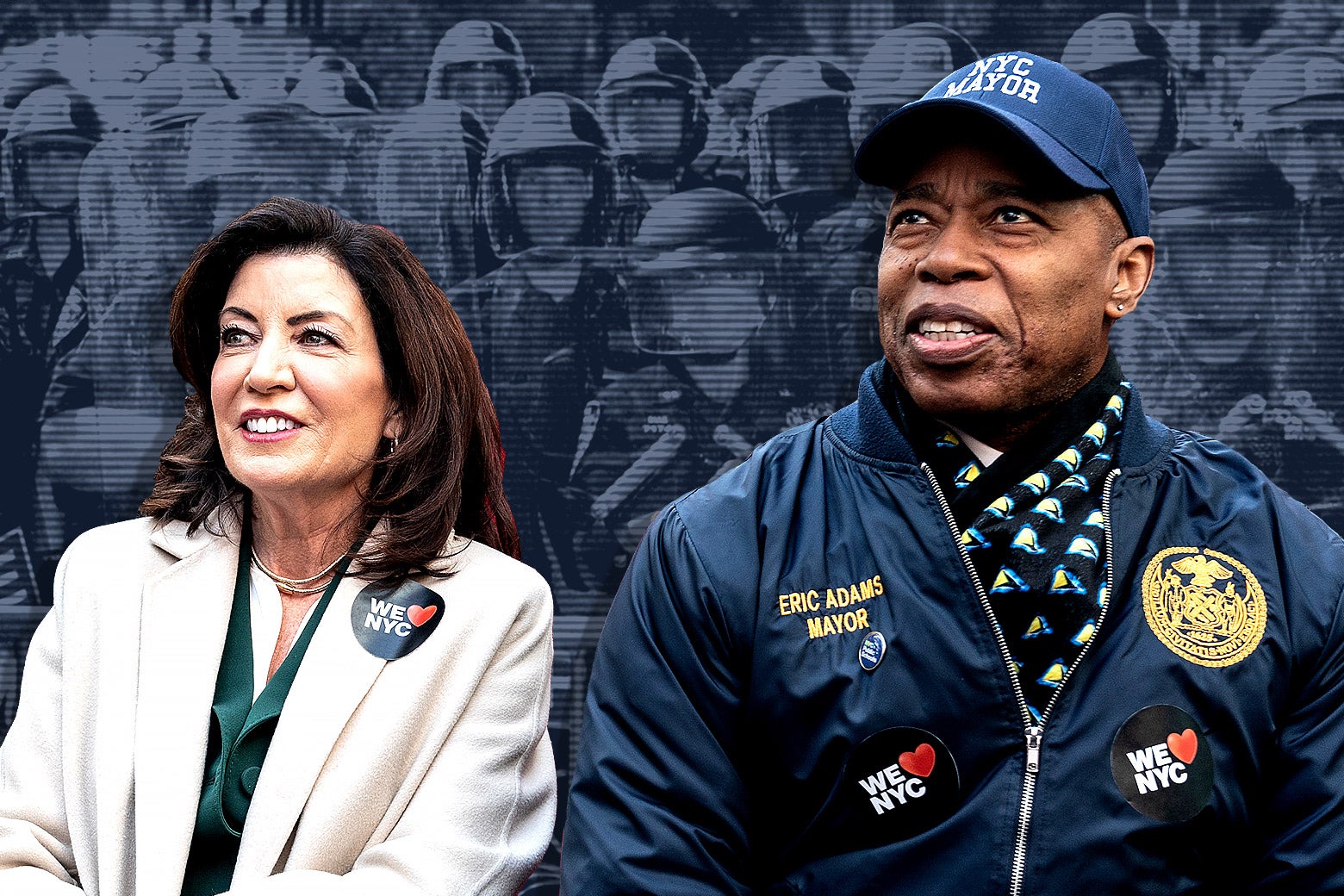 Kathy Hochul and Eric Adams are seen in front of a black-and-white photo of a horde of armed cops.