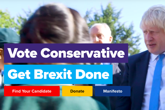 The British Conservative Party website homepage with the text caption: "Vote Conservative. Get Brexit Done."