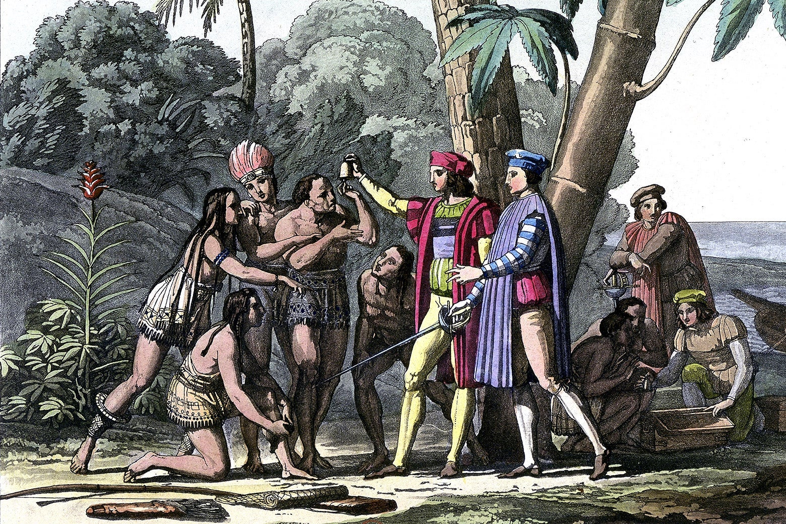 A racist drawing of Christopher Columbus meeting Native people.