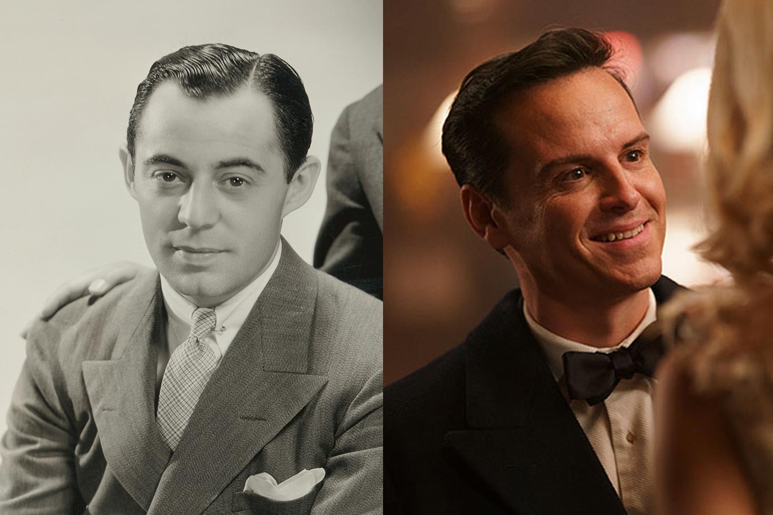 Side-by-side of a middle-aged white man in the 1940s with slicked-back hair, and a modern-day recreation of the character in a movie.