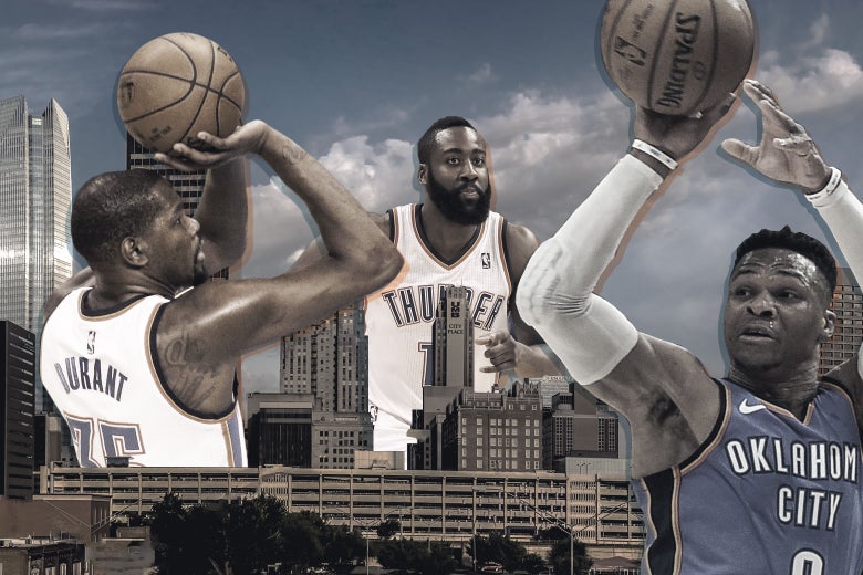 Oklahoma City Thunder players Russell Westbrook, Kevin Durant, and James Harden playing in the Oklahoma City skyline.
