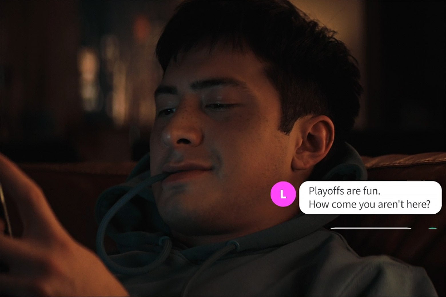 A man sends a text message asking: "Playoffs are fun. How come you aren't here?"