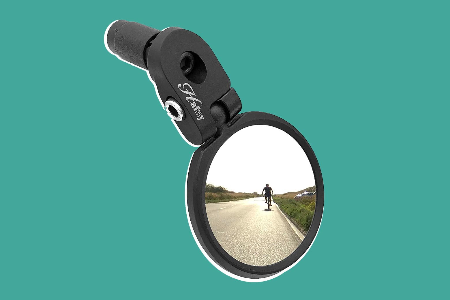 A bike mirror with a biker's reflection in it on a teal background.