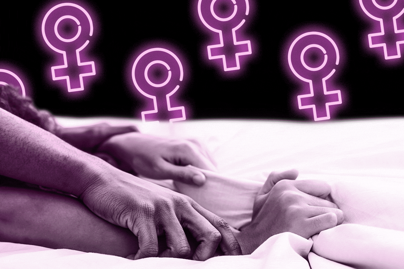 A man holds down a woman's wrists in bed with female symbols in the background in neon.