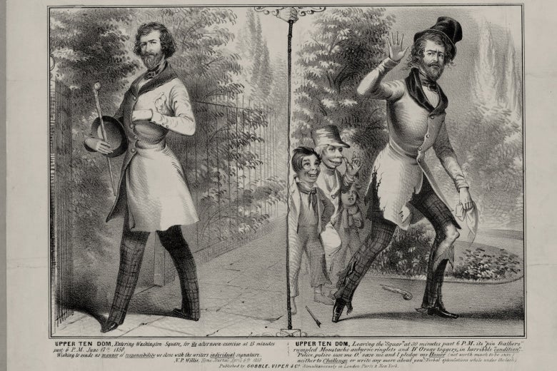 Side by side illustrations of Willis strutting before the attack and Willis waving with clothes in tatters after the attack