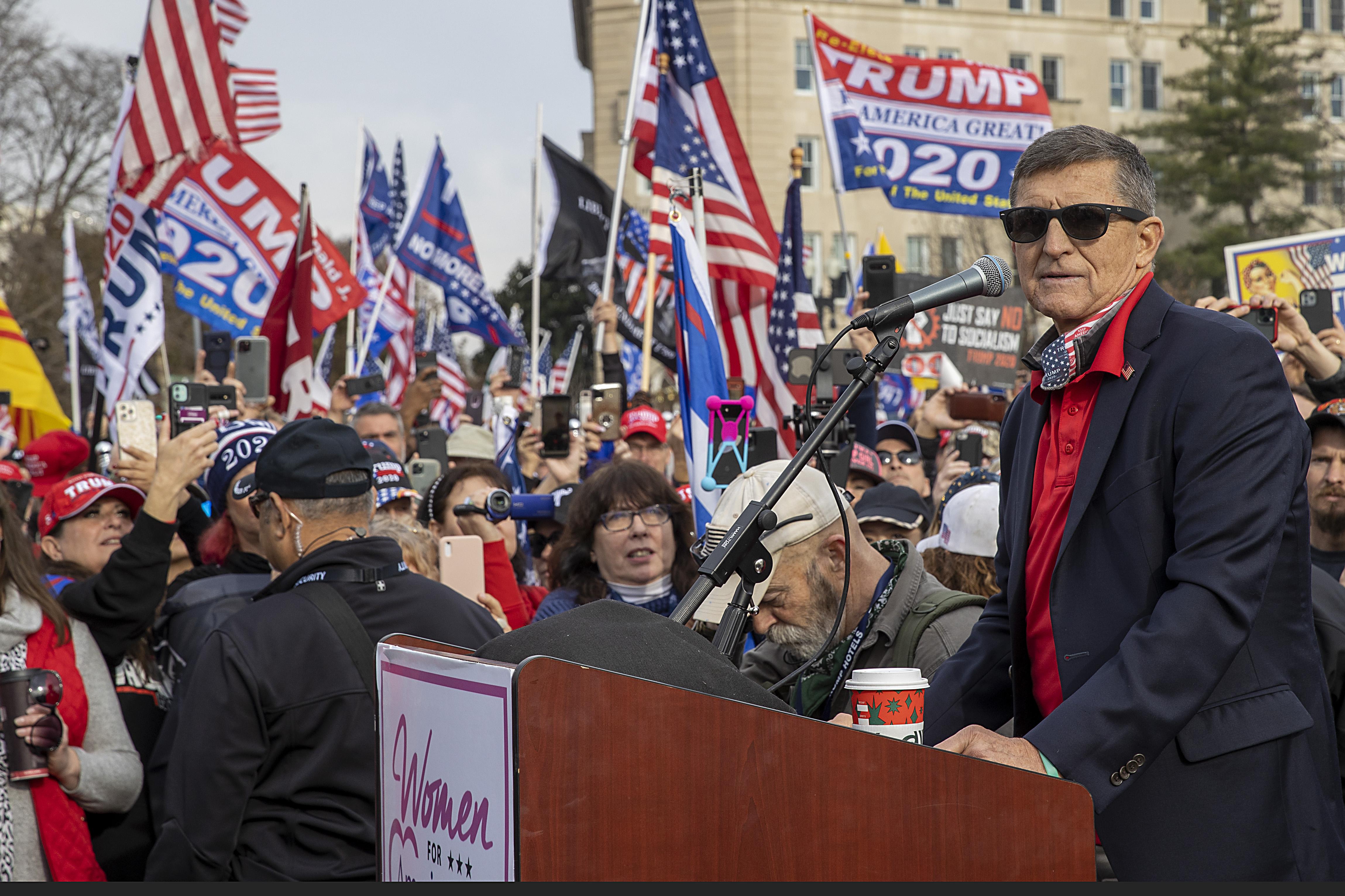 Michael Flynn speaks during a protest of the outcome of the 2020 presidential election outside the Supreme Court on December 12, 2020 in Washington, D.C.