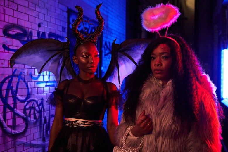 Michaela Coel and Weruche Opia in Halloween costumes in I May Destroy You