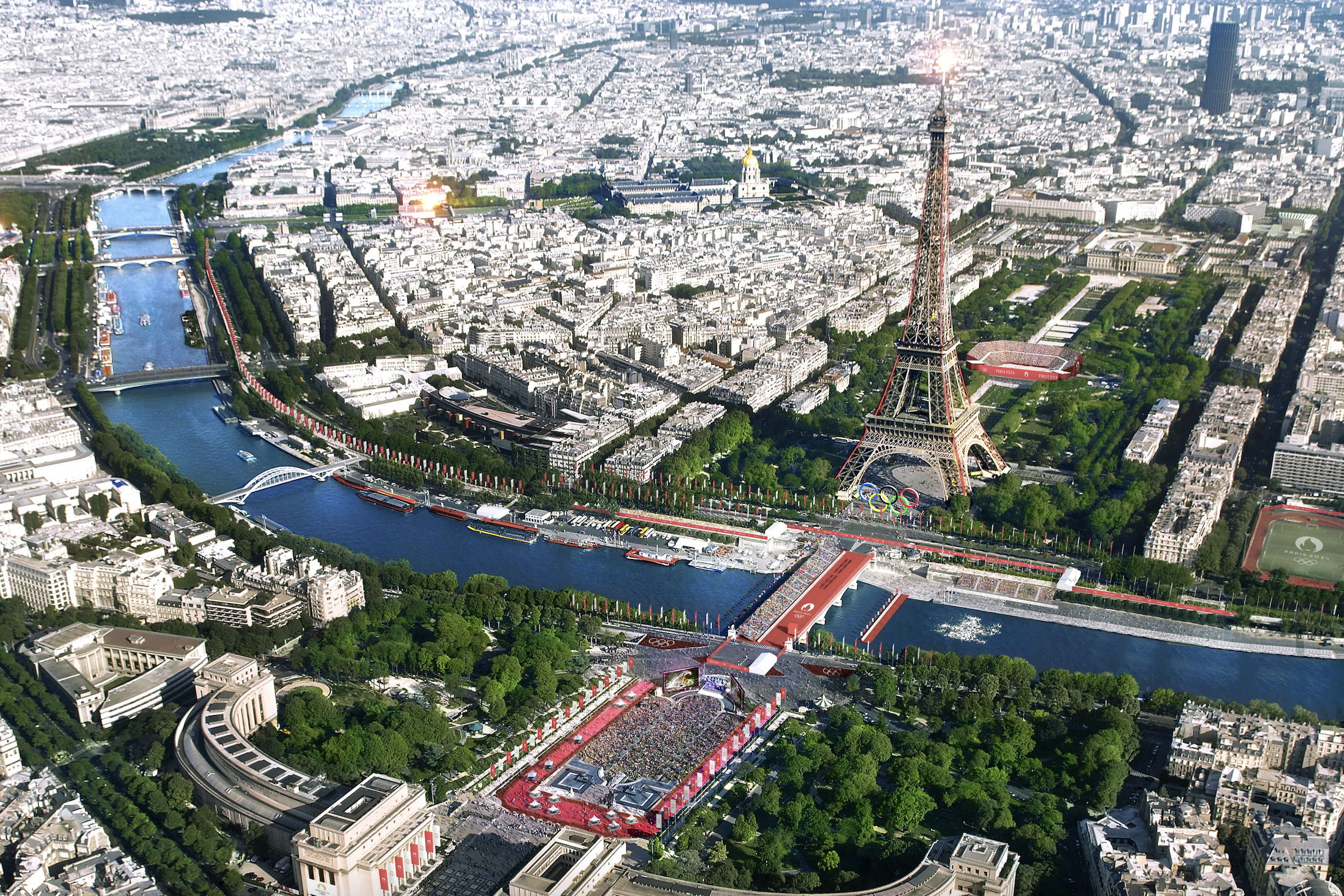 A rendering showing the Eiffel Tower with Olympic venues in the park below