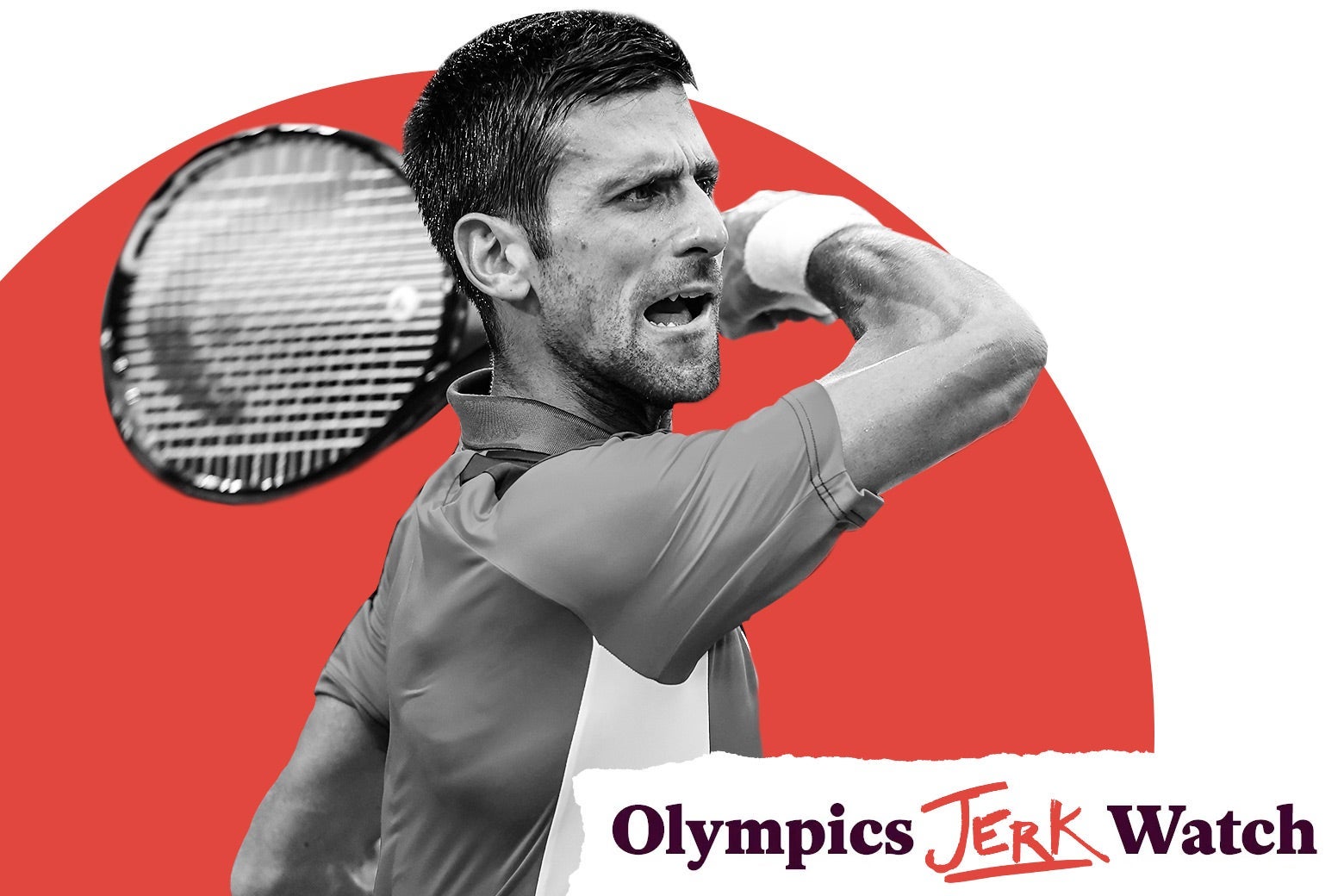 Novak Djokovic's follow-through after hitting a forehand, with the Olympics Jerk Watch label in the bottom right corner.