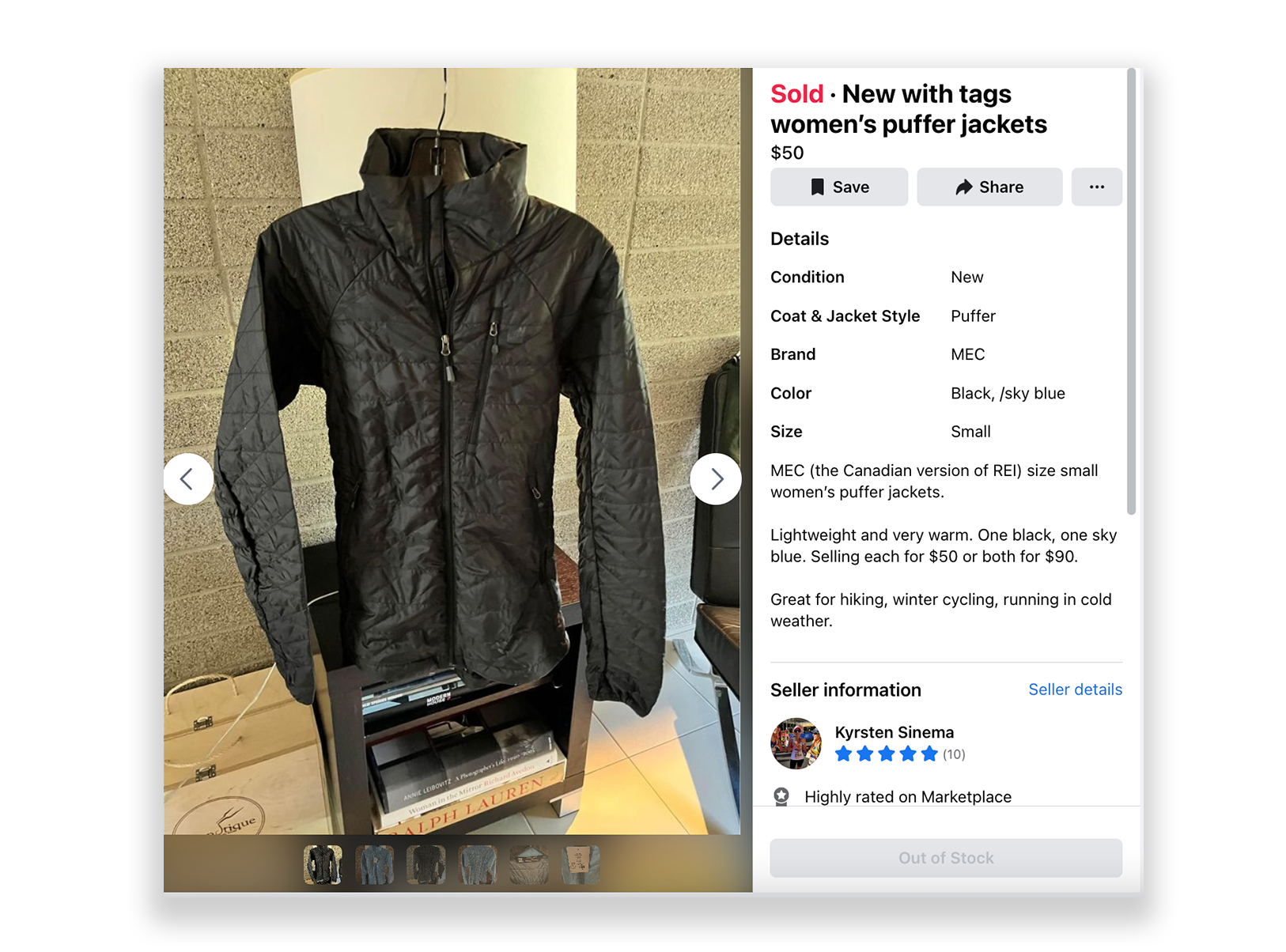 A photo of a puffer jacket, with a description and pricing details, in a Facebook Marketplace listing.