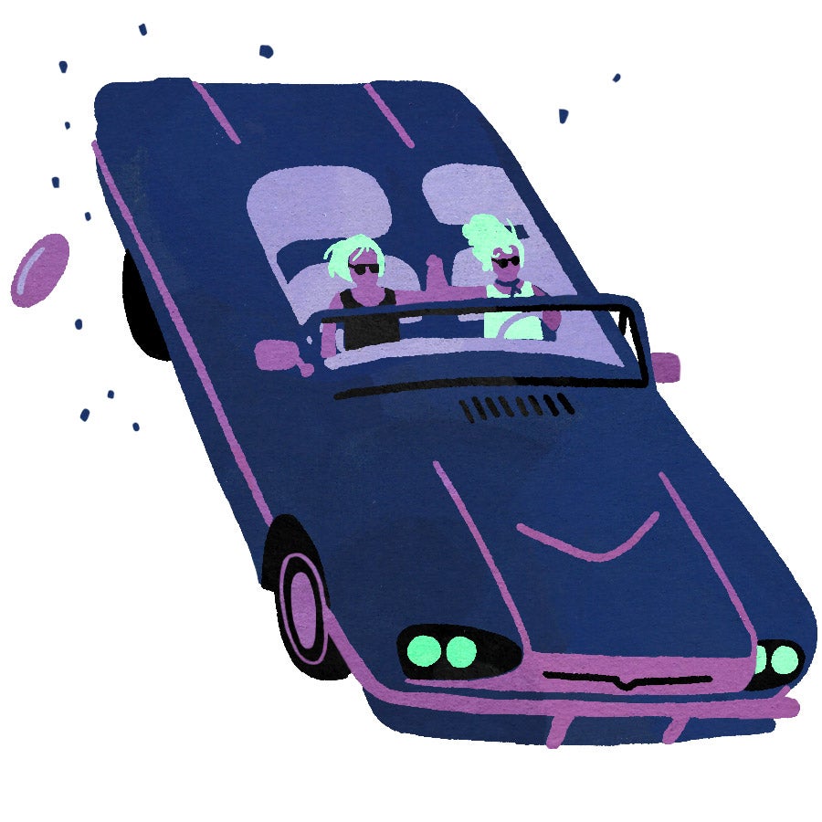 An illustration of Thelma and Louise holding hands while driving off a cliff
