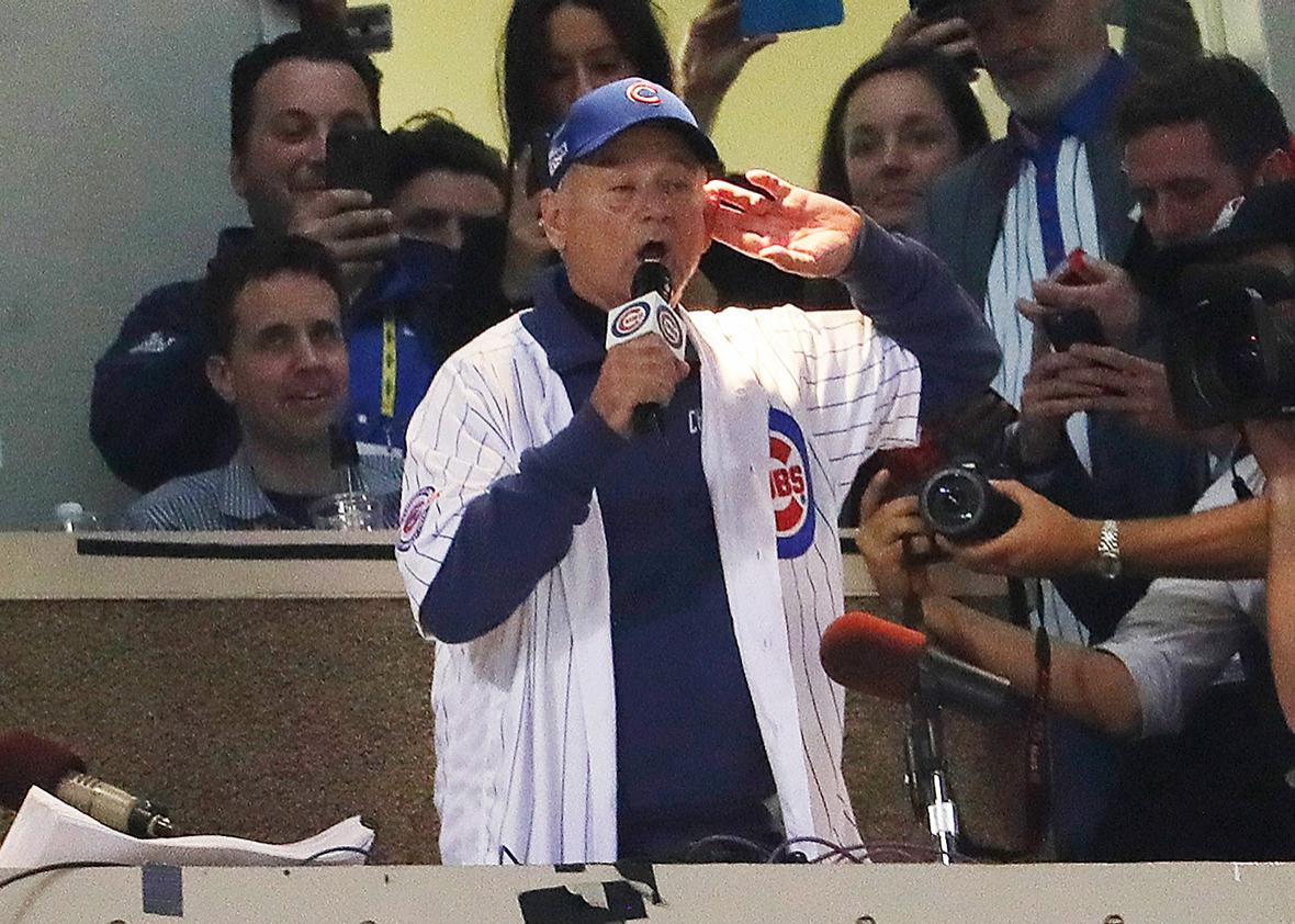 Actor Bill Murray sings "Take Me Out to the Ballgame" in the seventh inning in Game Three of the 2016 World Series between the Chicago Cubs and the Cleveland Indians at Wrigley Field on October 28, 2016 in Chicago, Illinois.  